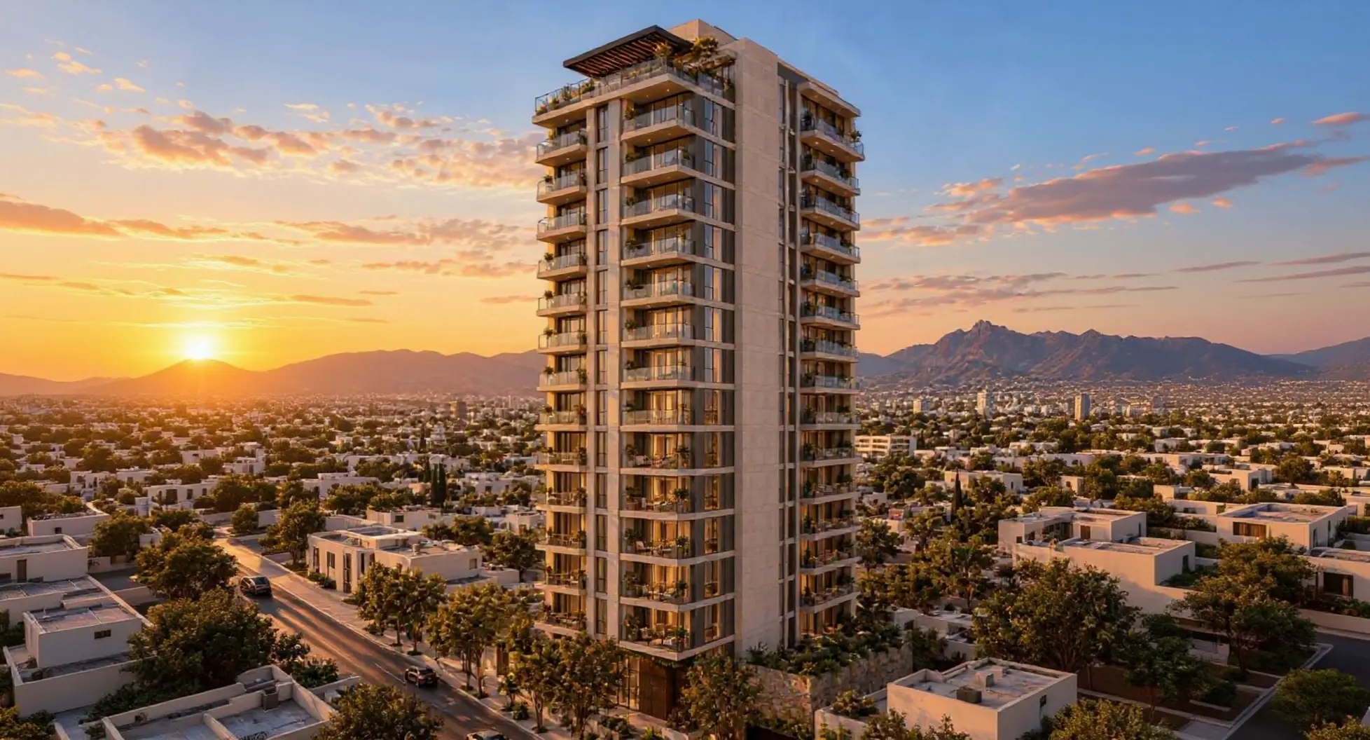 Fachada de Torre Vía al atardecer, showroom demo