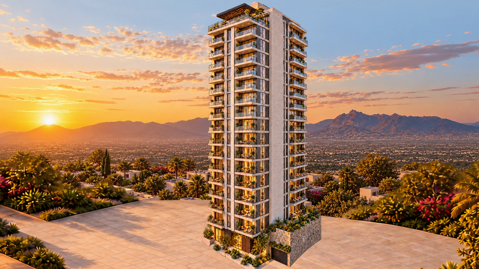 Torre Vía al atardecer, showroom demo