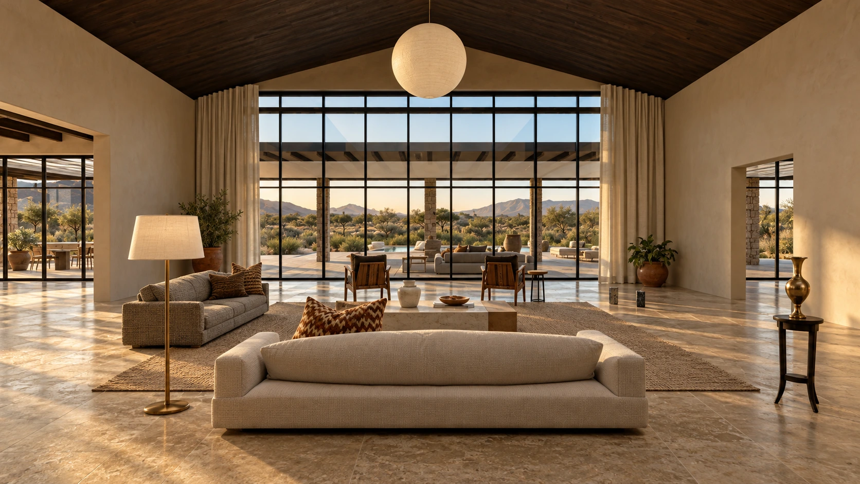 Sala de la Casa del Mezquite con vista al patio, render demo