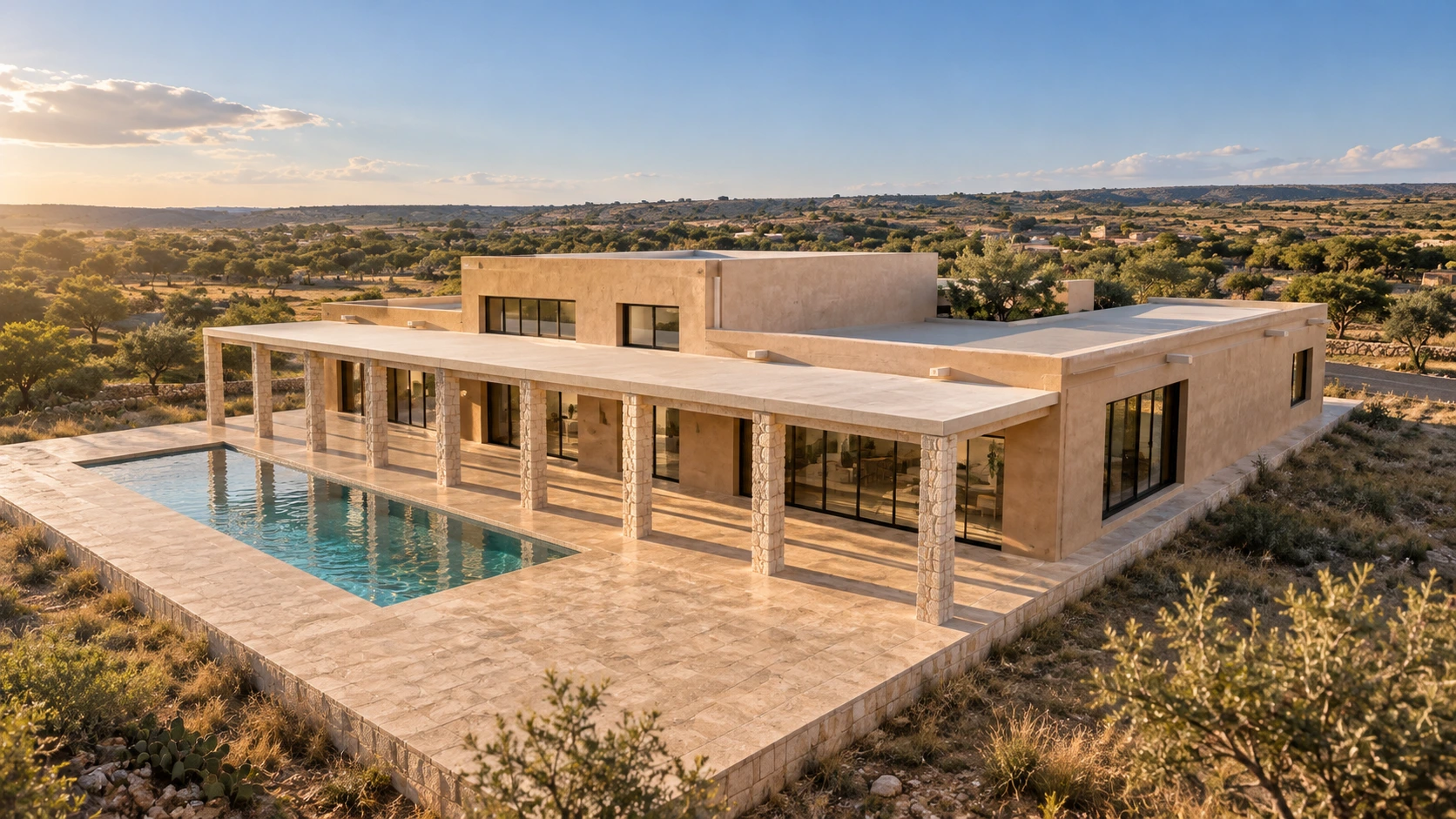 Render editorial de Casa del Mezquite con portales de piedra, terraza y alberca al atardecer