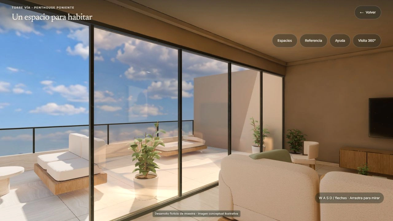 Sala y terraza del penthouse de Torre Vía en recorrido caminable, demo