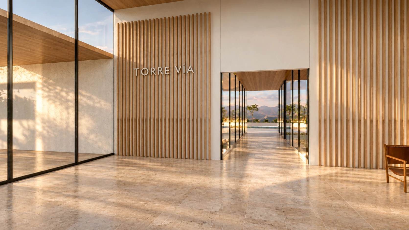 Lobby de Torre Vía con vista al jardín, imagen conceptual demo