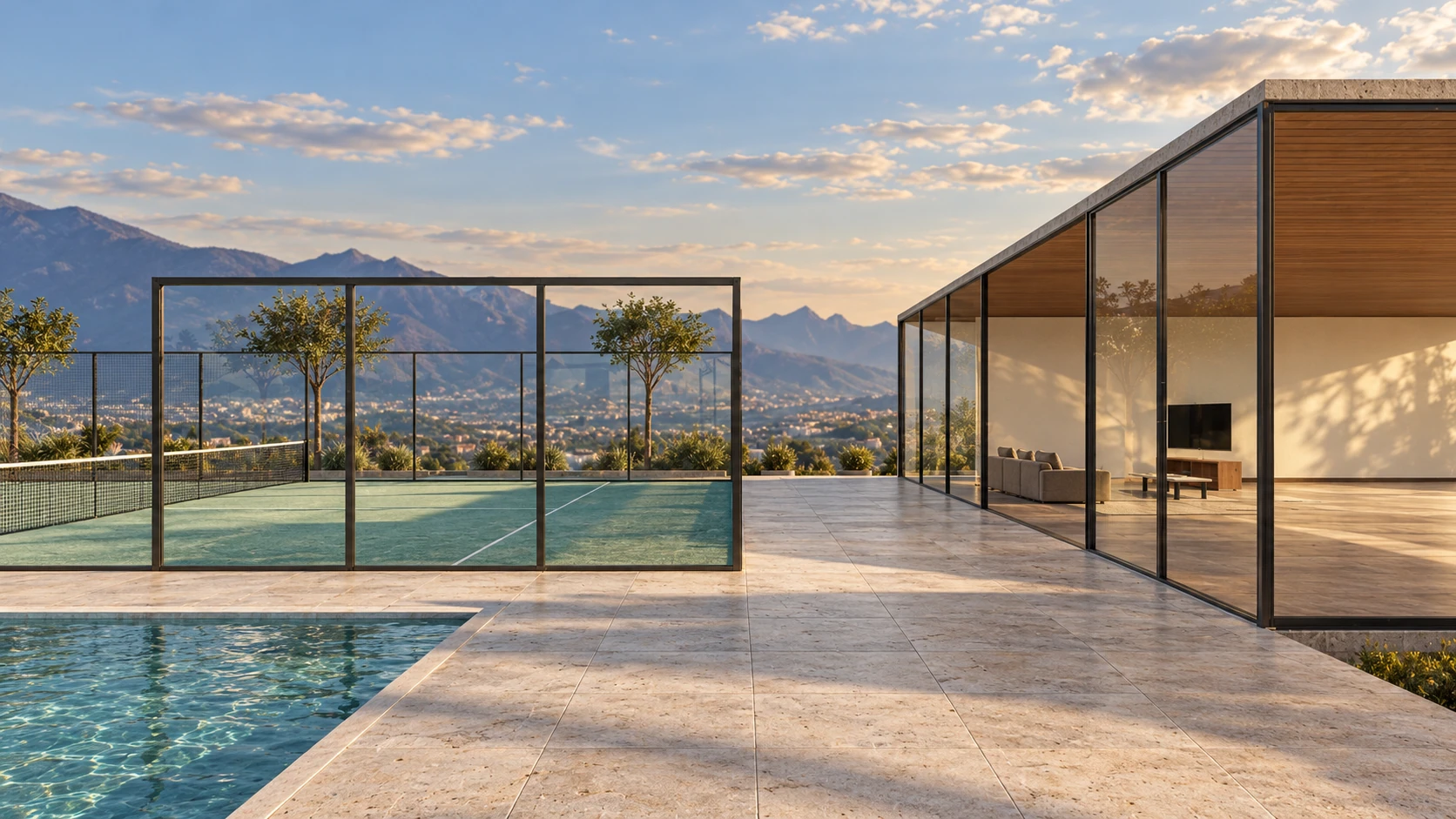 Render conceptual de una terraza con alberca y cancha frente a la montaña