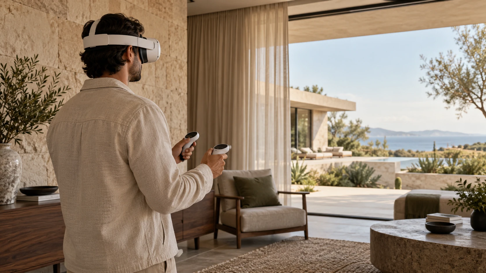 Persona recorriendo una casa con un visor de realidad virtual, imagen conceptual