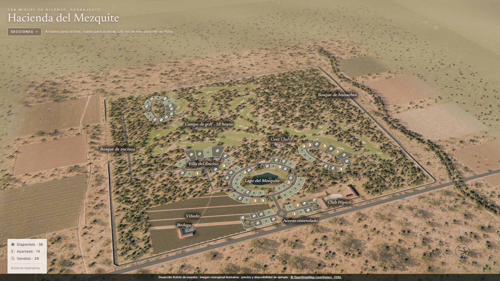 Mapa 3D de Hacienda del Mezquite con lotes y estatus, showroom demo