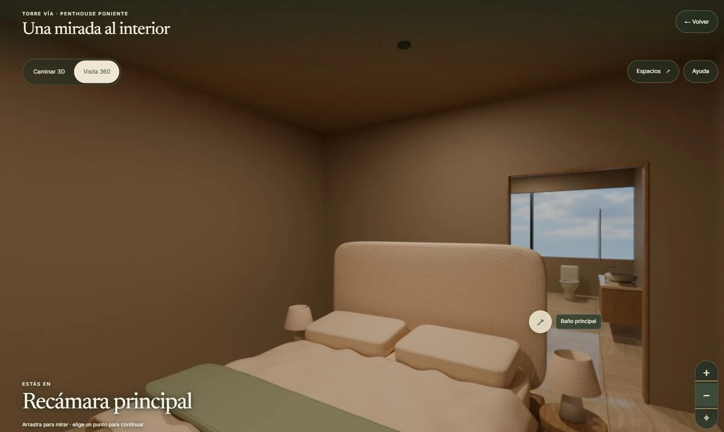 Captura real del panorama 360 de la recámara principal del penthouse