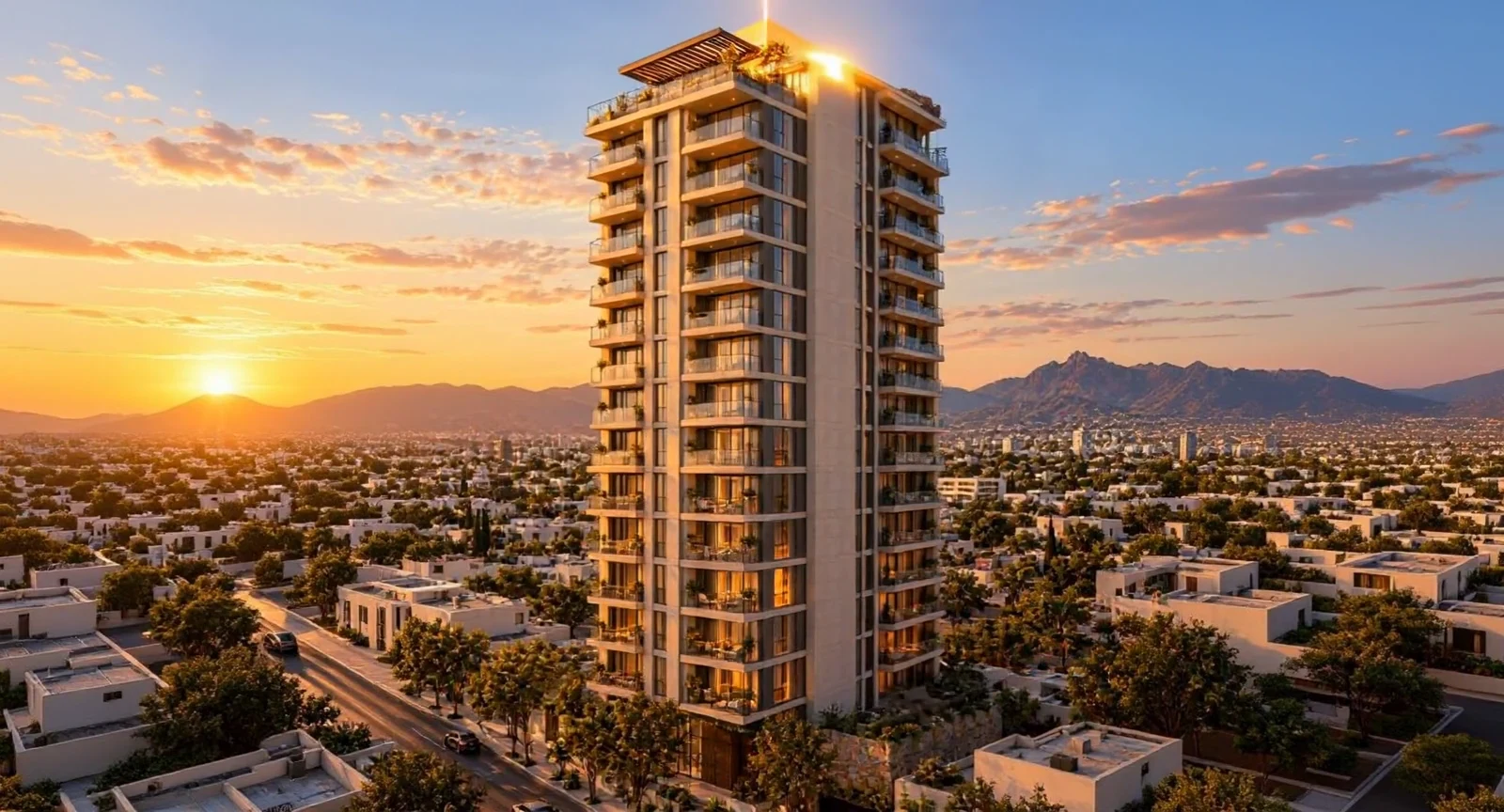 Fotograma de Torre Vía y su entorno conceptual al atardecer