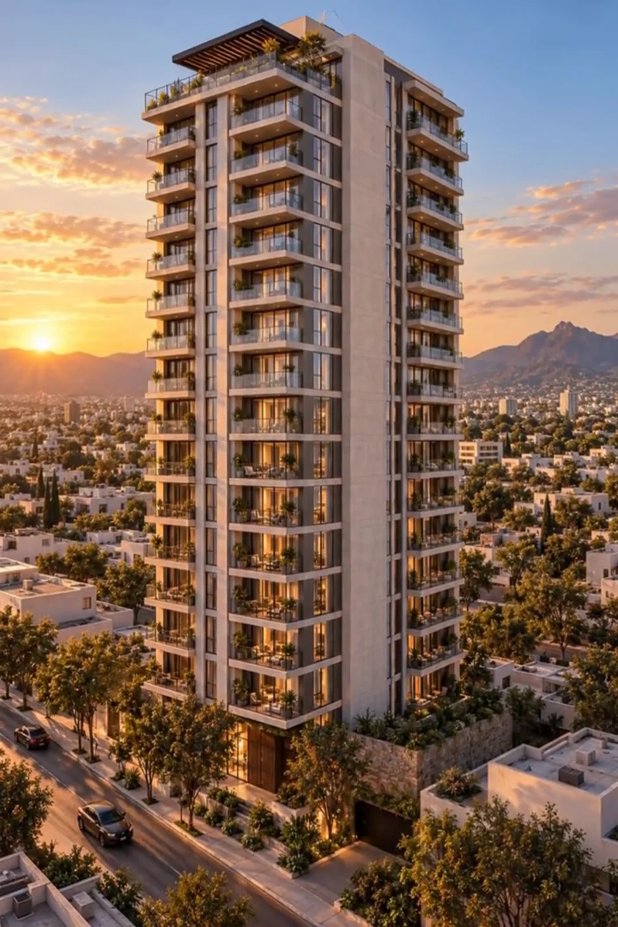 Fotograma vertical de Torre Vía al atardecer